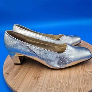 Statutes Gold‎ Metallic Croc Print Square Toe Block Heel Pumps Dress Shoes 8.5WW